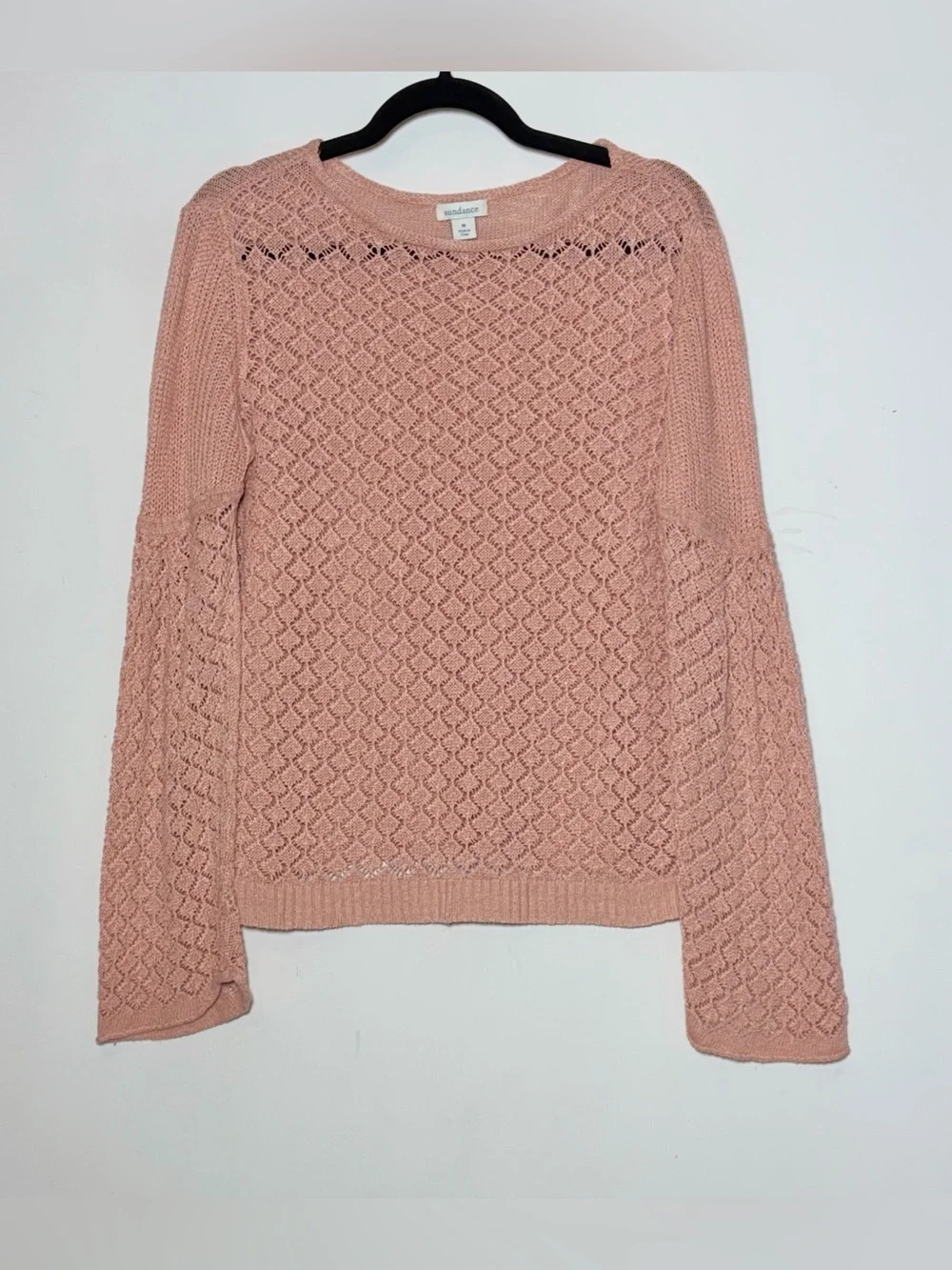 Sundance Pink Linen Blend Open-Knit Bell Sleeve Sweater Top, Size Medium